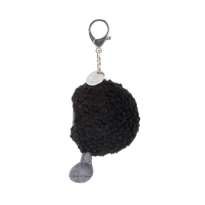 Jellycat Amuseables Black Hole Bag Charm side view plush round black hole keychain soft stuffed space toy clip accessory for bags and keys