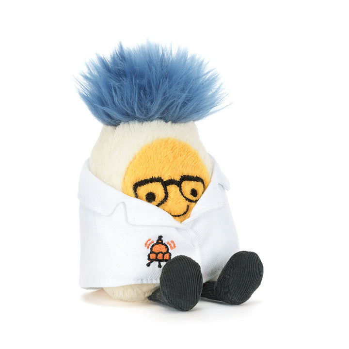 Jellycat Amuseables Boiled Egg Scientist Outfit plush toy sitting front view soft egg stuffed animal with lab coat quirky science themed baby safe plush gift