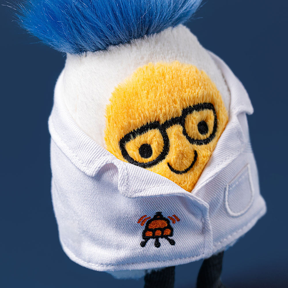 Jellycat Amuseables Boiled Egg Scientist Outfit close up face with glasses lab coat detail cute egg plush toy whimsical educational stuffed animal gift