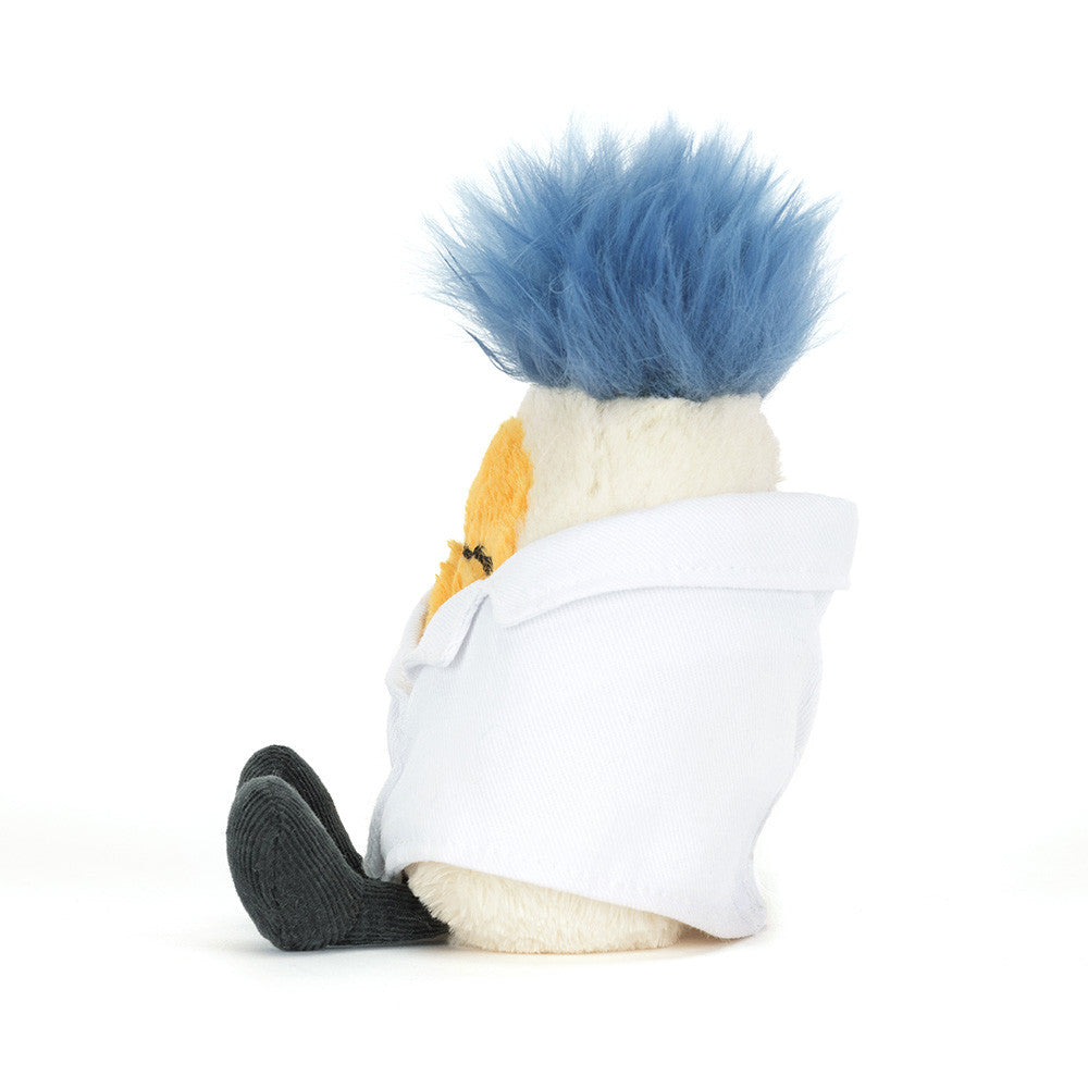 Jellycat Amuseables Boiled Egg Scientist Outfit side profile plush egg toy wearing scientist coat soft stuffed character for kids imaginative play