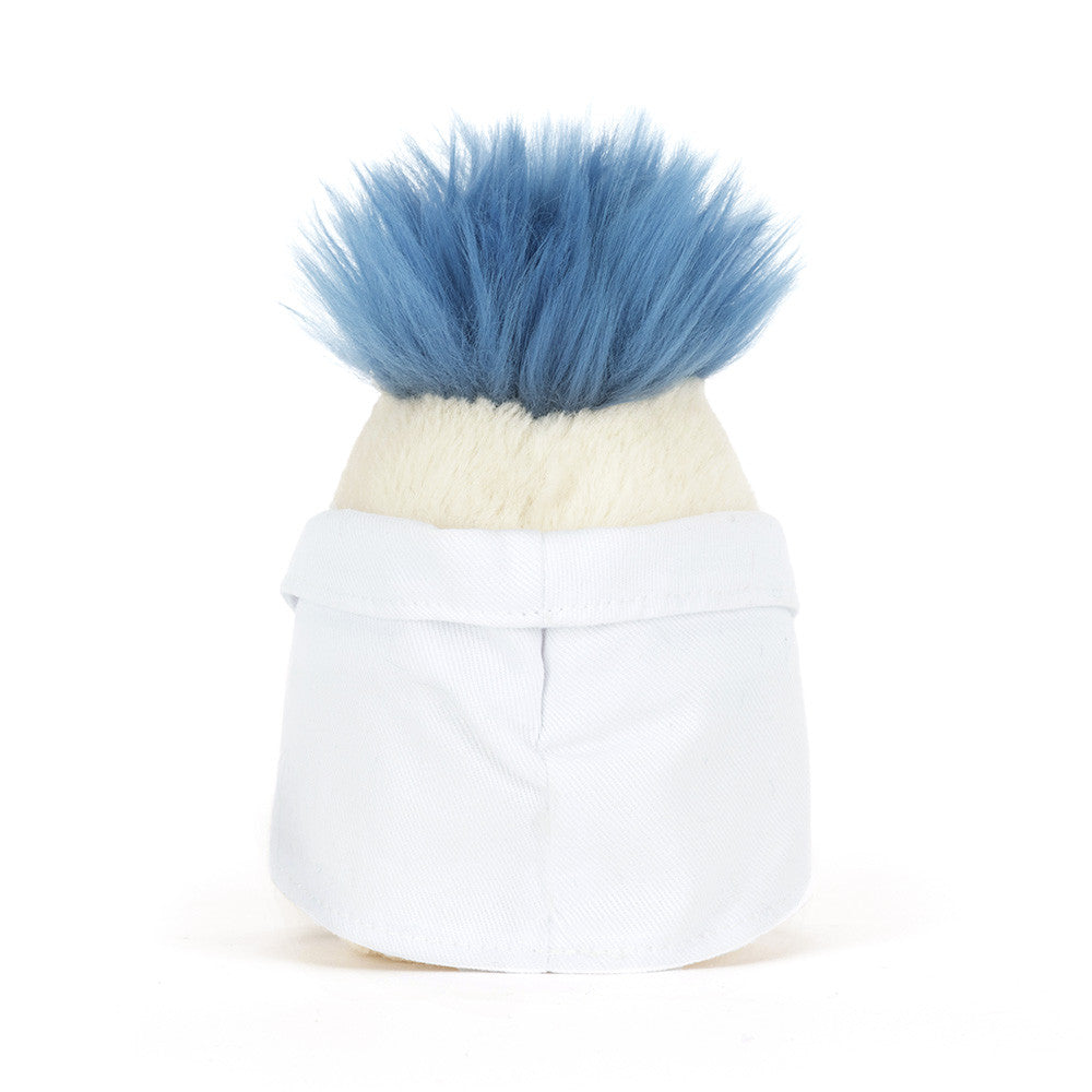 Jellycat Amuseables Boiled Egg Scientist Outfit back view plush egg stuffed toy with white coat novelty Jellycat plush nursery decor gift