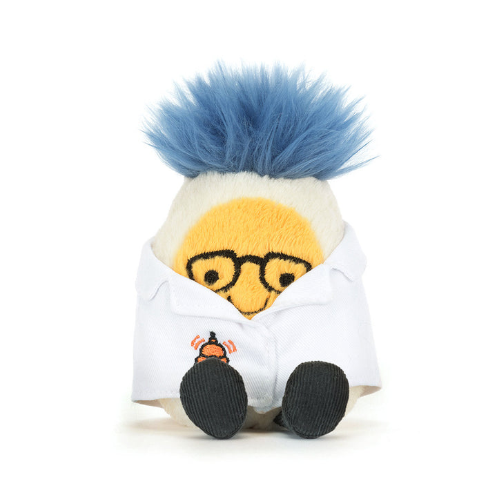 Jellycat Amuseables Boiled Egg Scientist Outfit seated plush egg toy front pose soft science themed stuffed animal collectible gift for kids and collectors