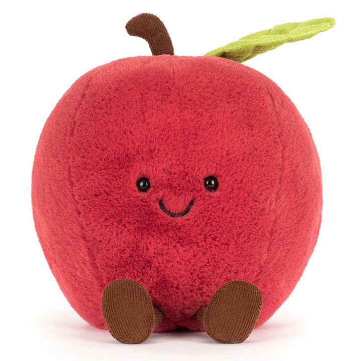 Jellycat Amuseables Apple stuffed toy with cordoroy stem and legs, smiling