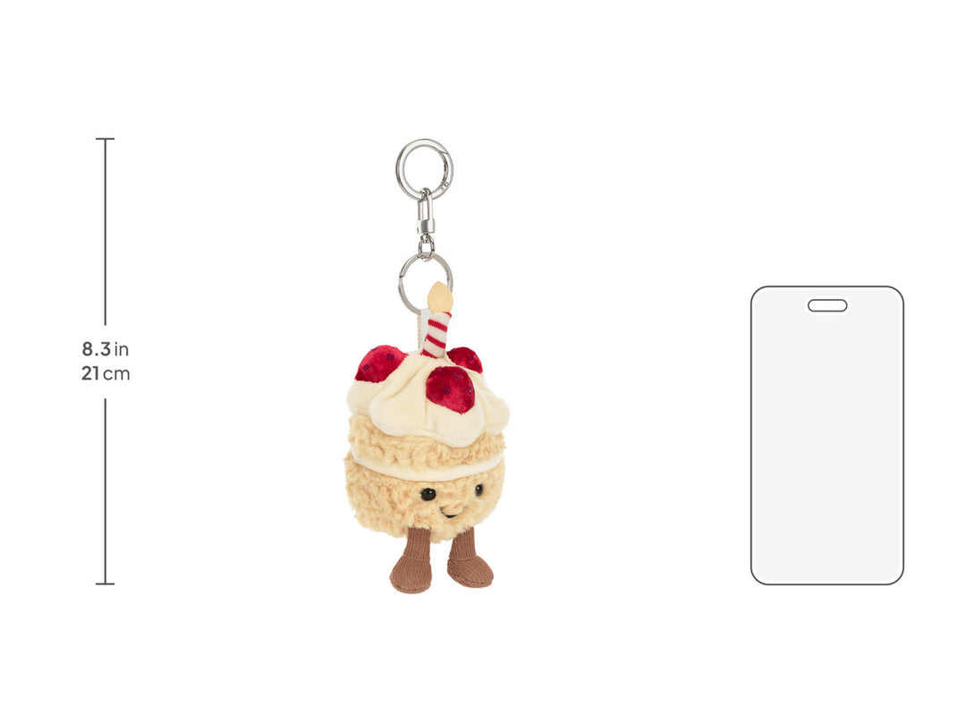 Jellycat Birthday Cake Bag Charm size vs phone -- 8.3in Jellycat keychain, collectible Amuseables charm