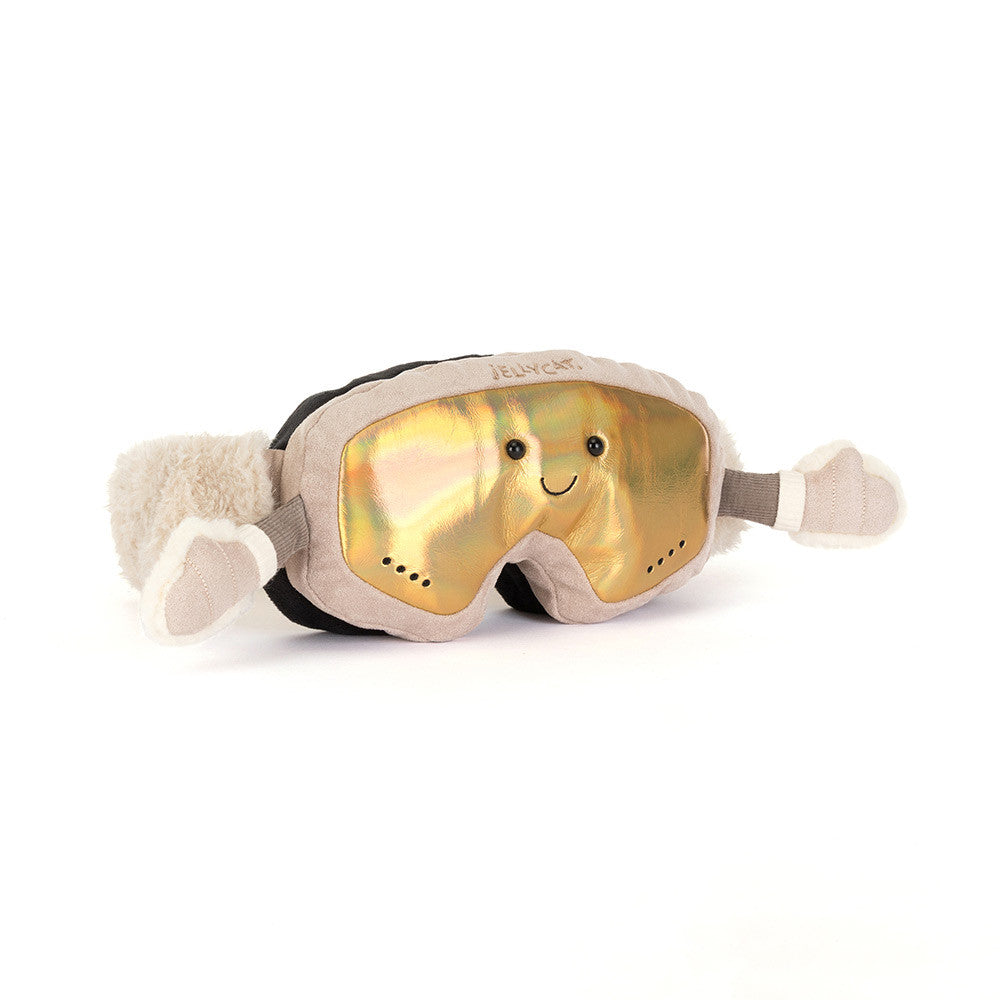 Jellycat Amuseables Sports Ski Club Goggles -- gold-lens ski goggle plush with cream strap, holiday gift for skiers