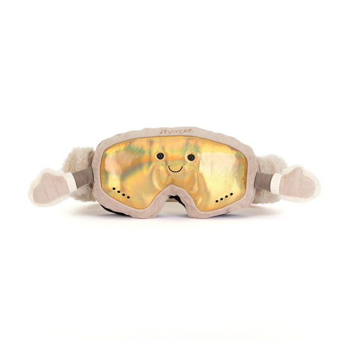 Amuseables Sports Ski Club Goggles by Jellycat front view -- smiling plush goggles, stocking stuffer for snow lovers