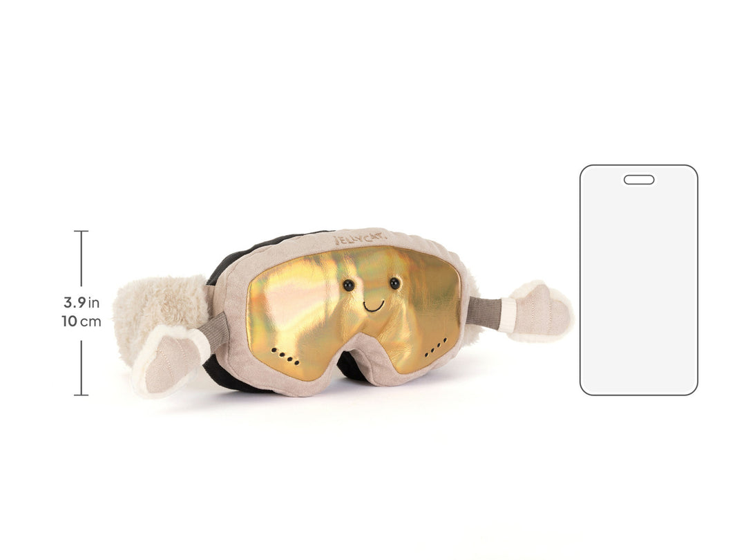 Jellycat Ski Club Goggles size comparison next to phone -- 3.9in tall Amuseables ski plush gift