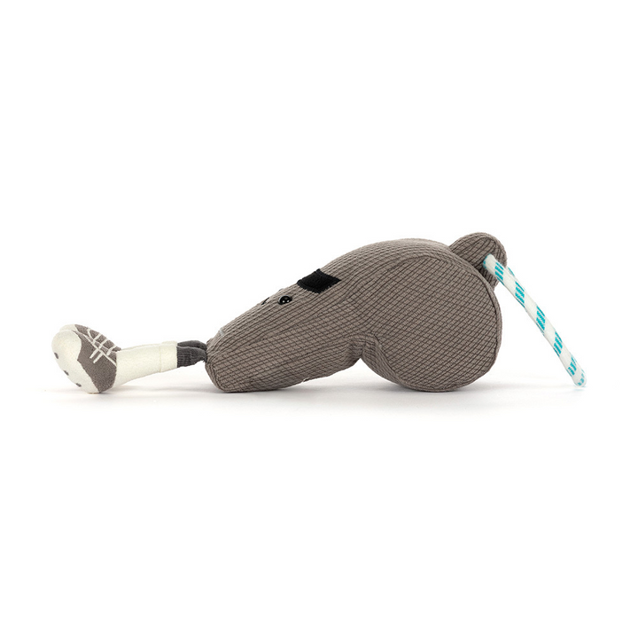 Side view of Jellycat AMS4W Walston Whistle lying down -- soft gray sports plush with white sneaker feet
