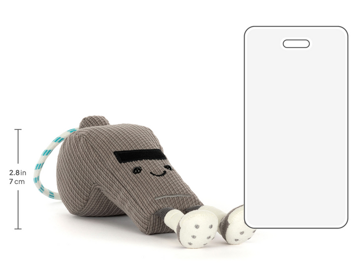 Jellycat Walston Whistle size comparison next to phone -- 2.8in Amuseables plush, small sports gift idea