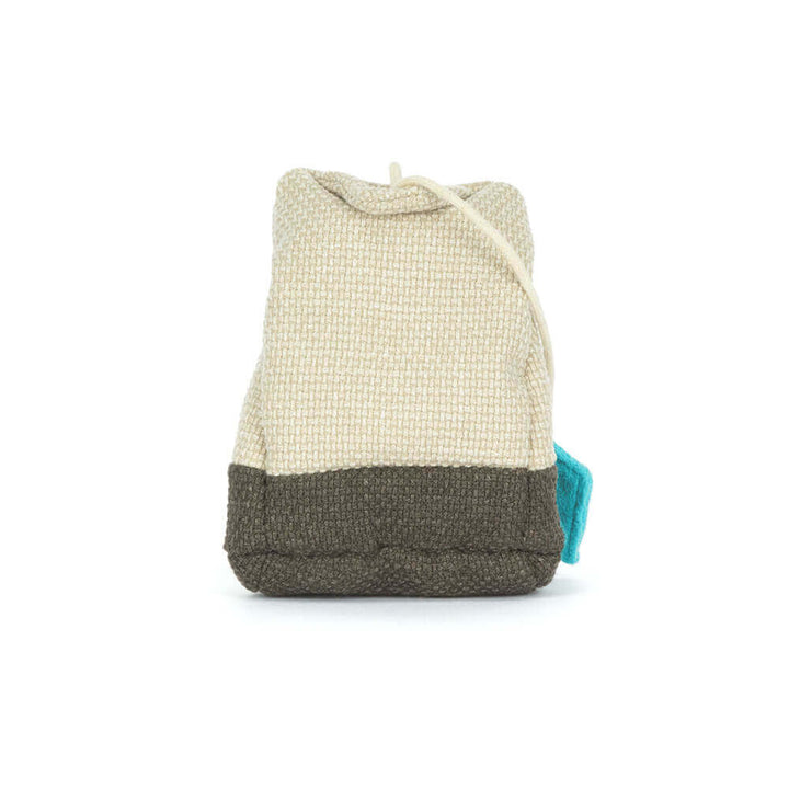 Back of Jellycat tea bag plush showing string and blue tag -- Amuseables Steepy collectible