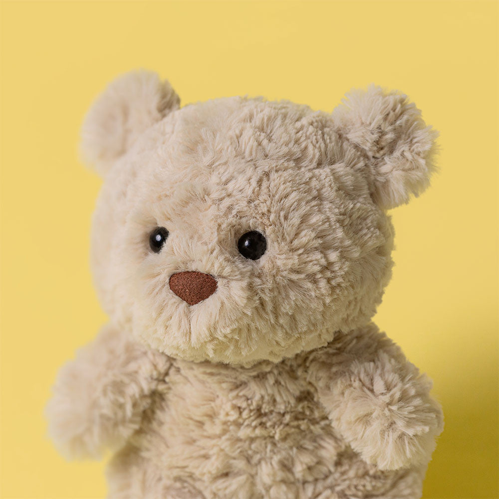 Jellycat Bartholomew Bear Junior close up face detail soft teddy bear plush premium texture nursery toy collectible