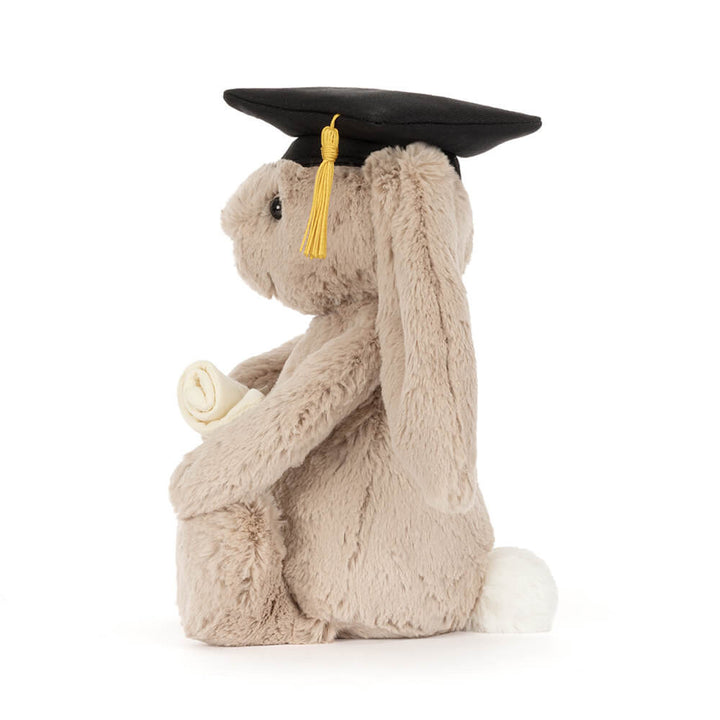 Jellycat Bashful Bunny Graduation Outfit side profile plush bunny with cap and diploma soft stuffed graduation gift
