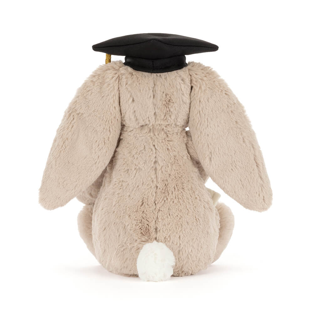Jellycat Bashful Bunny Graduation Outfit back view plush bunny wearing graduation cap soft stuffed animal keepsake
