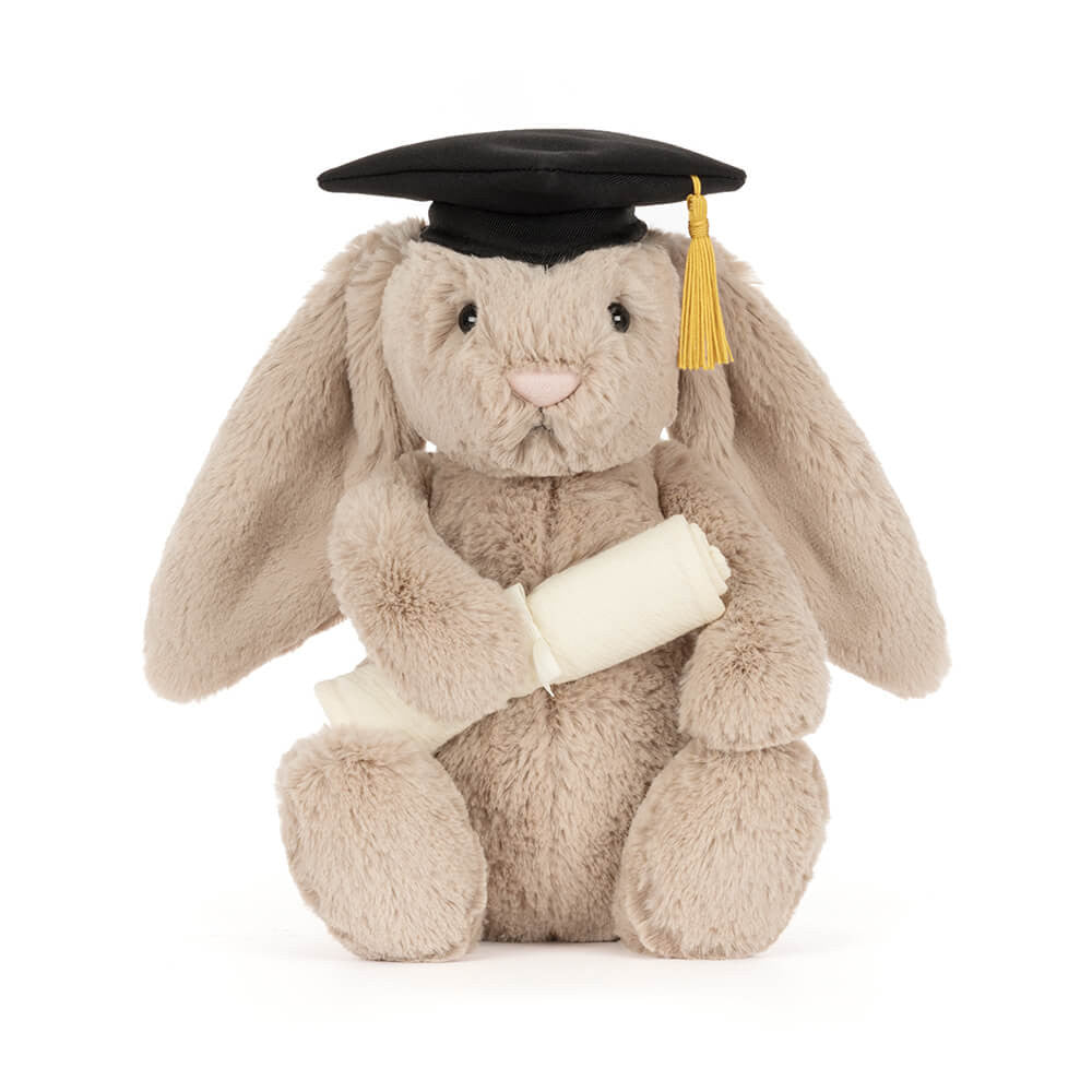 Jellycat Bashful Bunny Graduation Outfit front sitting pose plush bunny graduate toy soft stuffed animal graduation gift idea