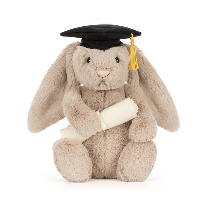 Jellycat Bashful Bunny Graduation Outfit front sitting pose plush bunny graduate toy soft stuffed animal graduation gift idea