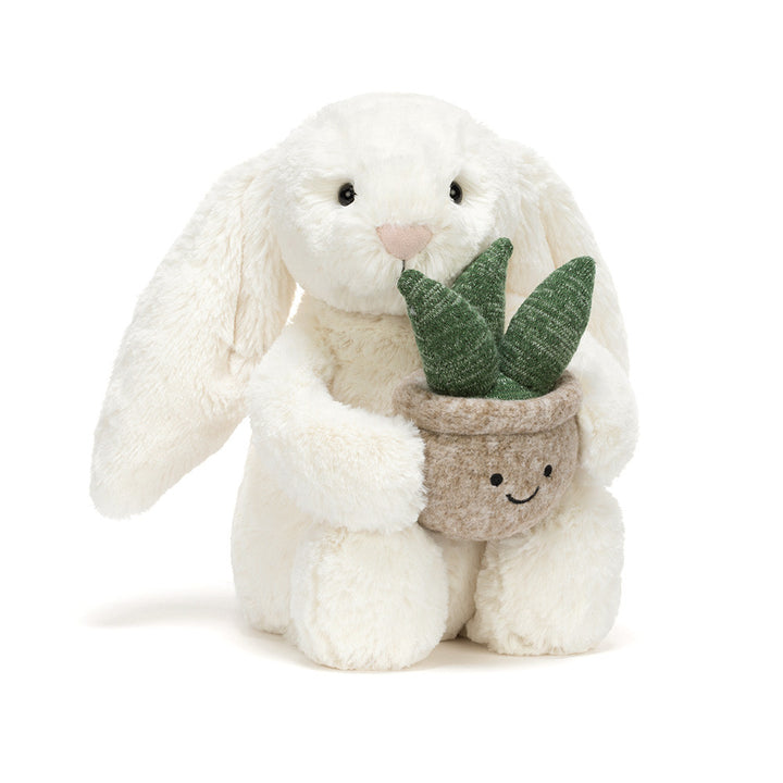Jellycat Cream Bunny with Plant plush toy front view white bunny holding potted plant soft rabbit stuffed animal nursery decor gift