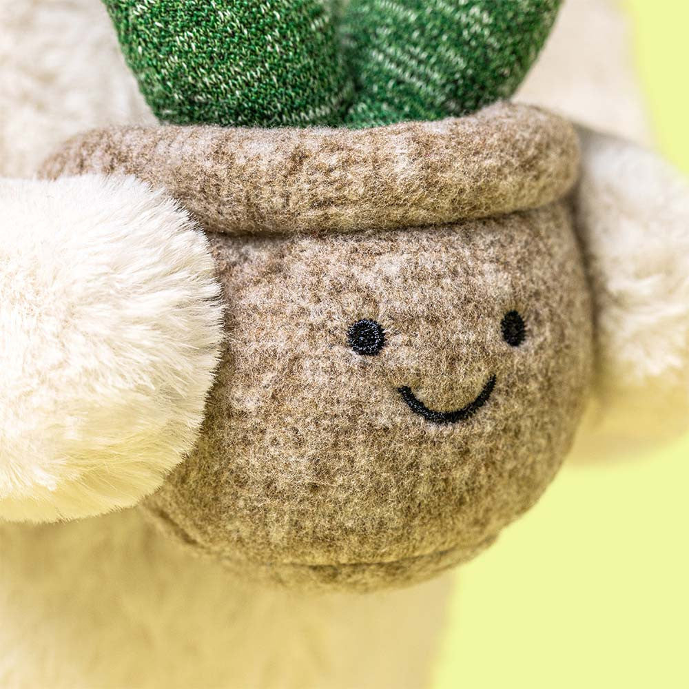 Jellycat Cream Bunny with Plant close up plant pot detail soft bunny plush holding plant cute stuffed toy collectible