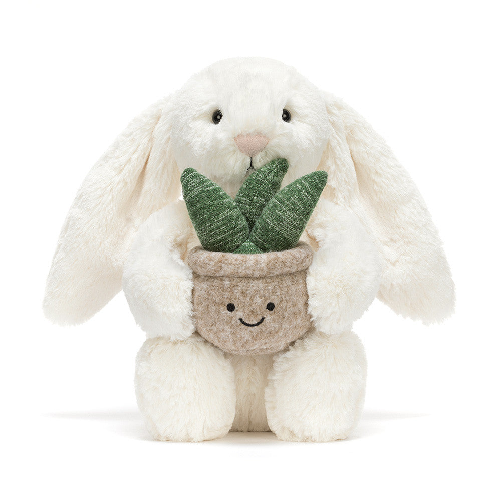 Jellycat Cream Bunny with Plant front pose plush bunny holding plant soft stuffed animal baby gift nursery decor