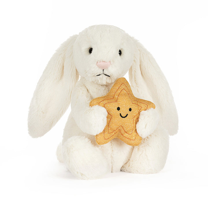 Jellycat Cream Bunny with Star plush toy front view white bunny holding gold star soft rabbit stuffed animal nursery gift
