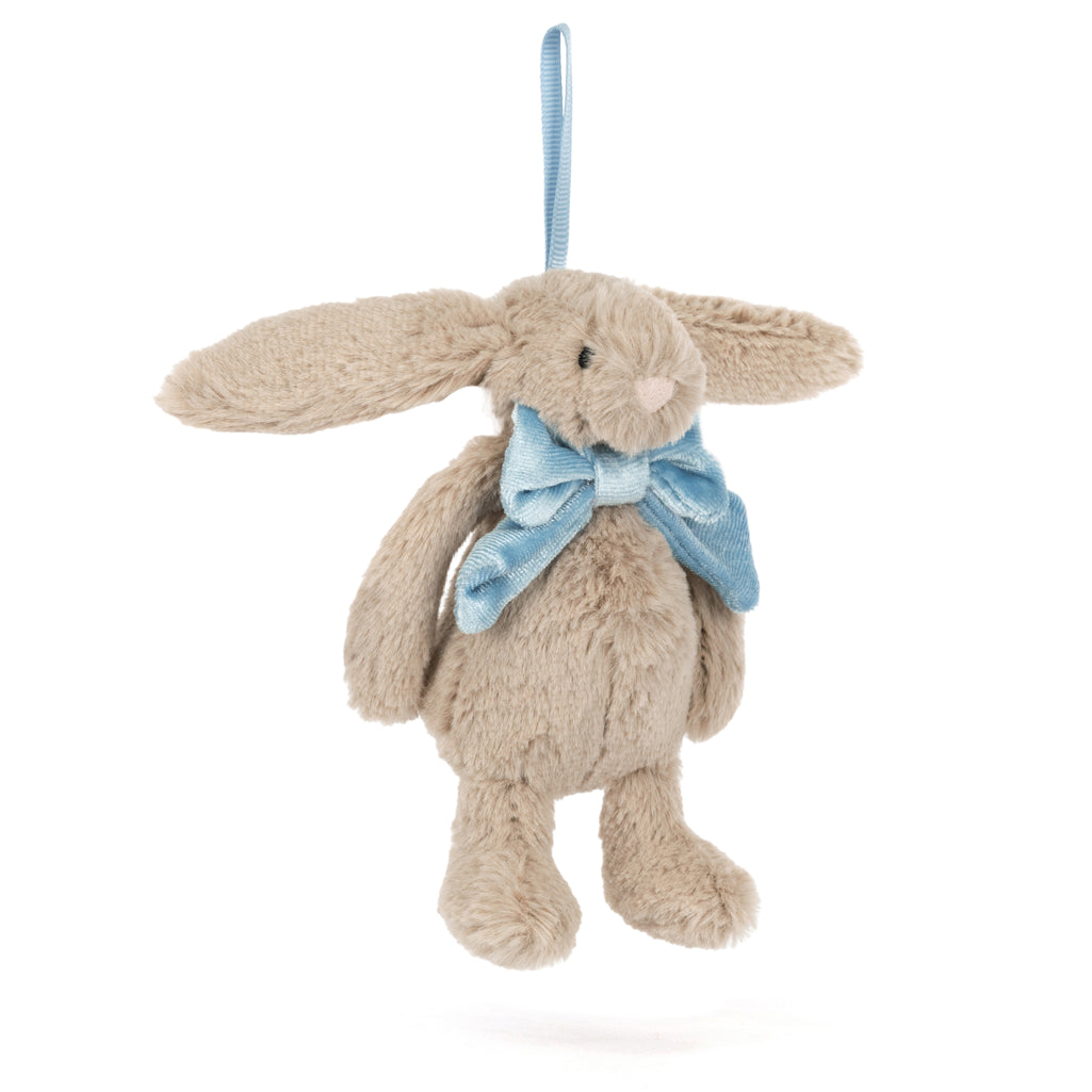 beige bunny rabbit stuffed animal with blue bow for tree decoration 