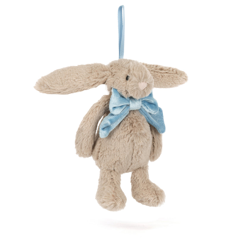 beige bunny rabbit stuffed animal with blue bow for tree decoration 
