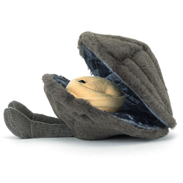 Jellycat Stuffed Animal Michelle Mussel in a grey shell with legs and white background
