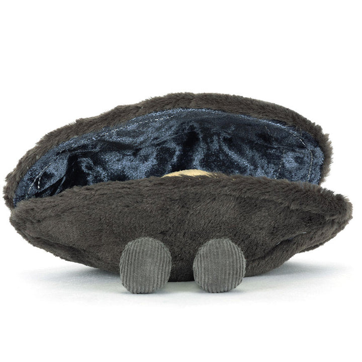 Front side of the jellycat michelle mussel plush animal toys with silvery gray body on a white background