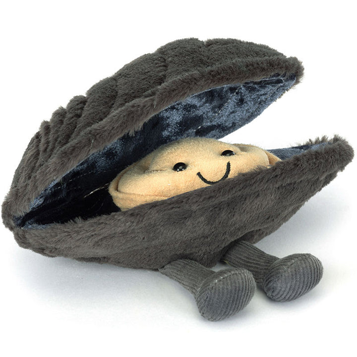 Jellycat Michelle Mussel stuffed animal food toy with grey body on a white background