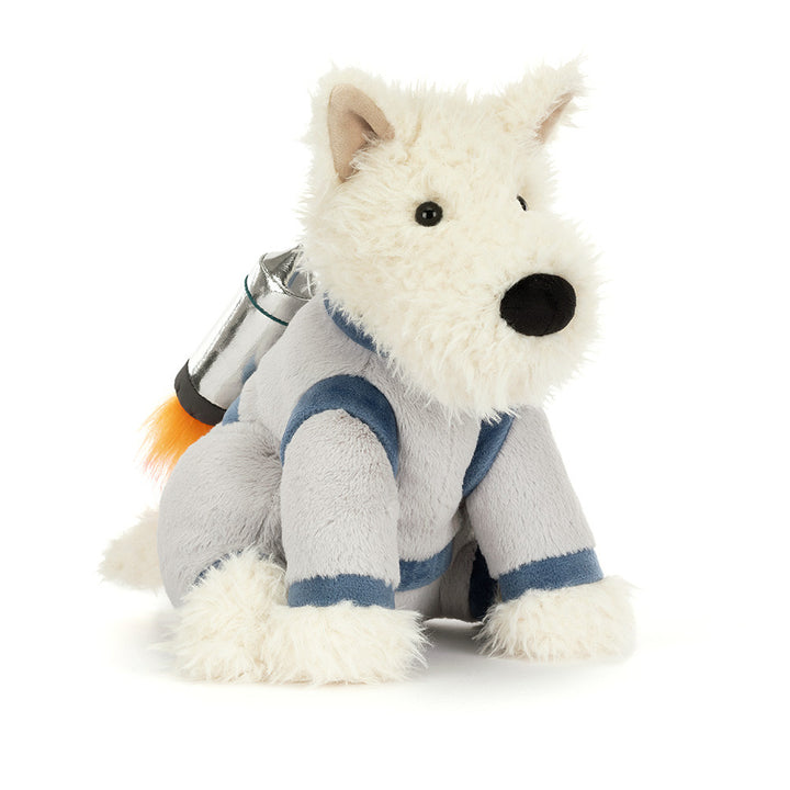 Jellycat Munro Scottie Dog Space Outfit plush toy front view white dog stuffed animal wearing astronaut outfit kids space themed plush gift