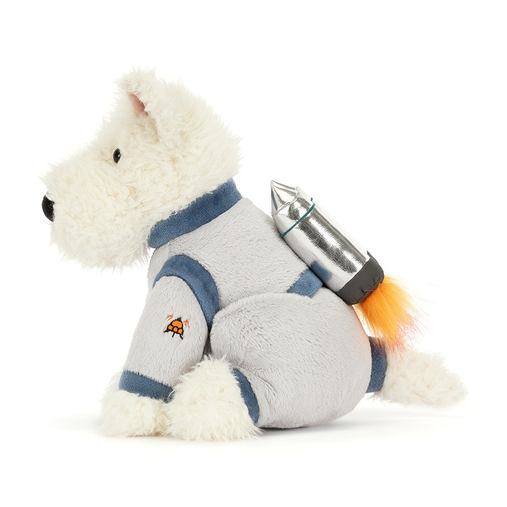Jellycat Munro Scottie Dog Space Outfit side profile plush dog astronaut costume soft stuffed animal space toy for kids imaginative play