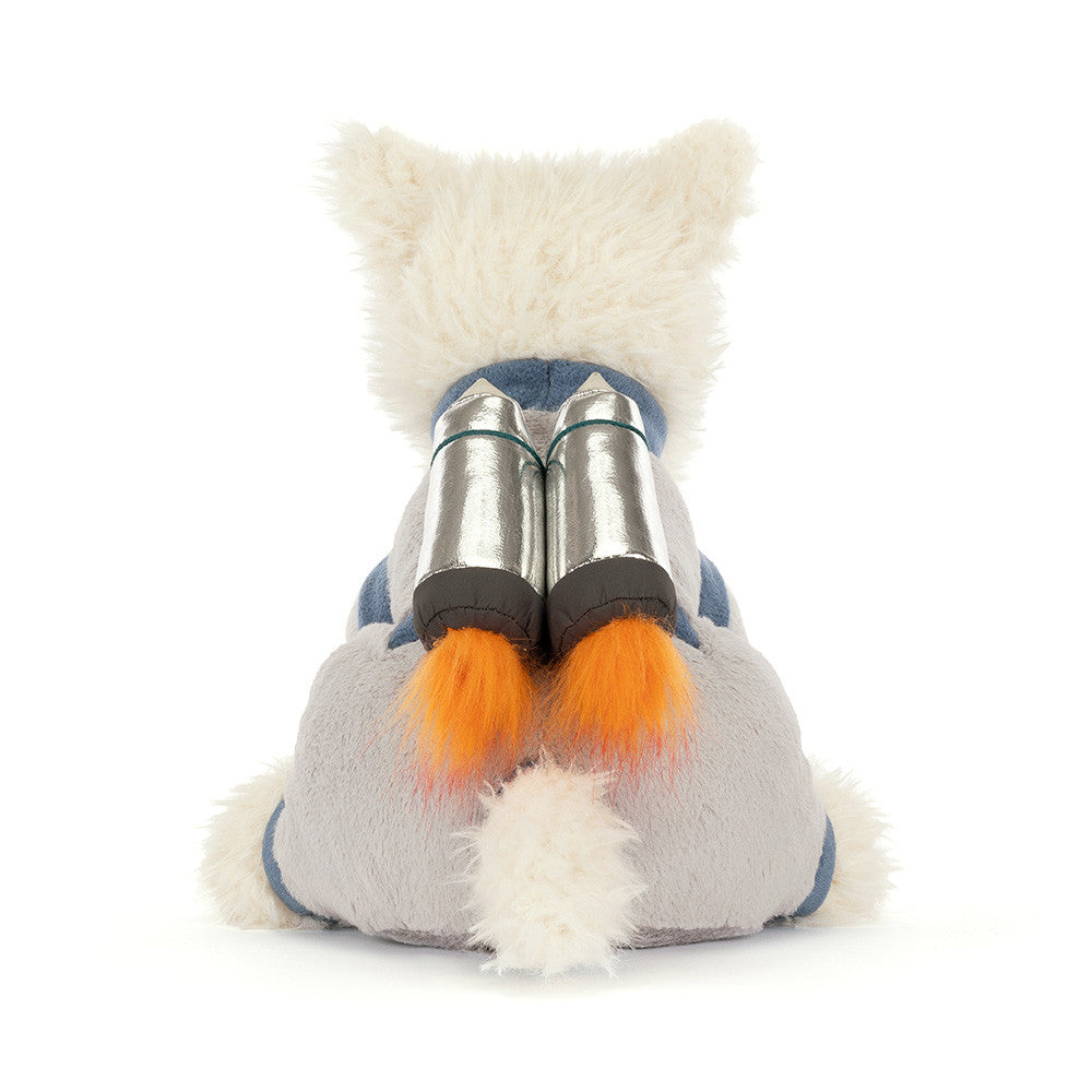 Jellycat Munro Scottie Dog Space Outfit back view plush dog with rocket pack space themed stuffed animal nursery decor gift