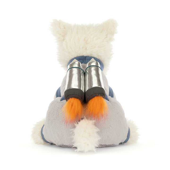 Jellycat Munro Scottie Dog Space Outfit back view plush dog with rocket pack space themed stuffed animal nursery decor gift