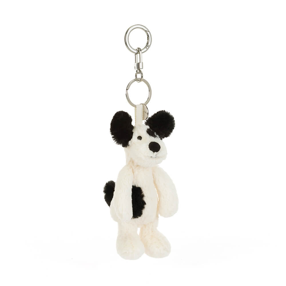 Jellycat Rufferty Puppy Bag Charm -- black and cream Jellycat puppy keychain, gift for dog lovers