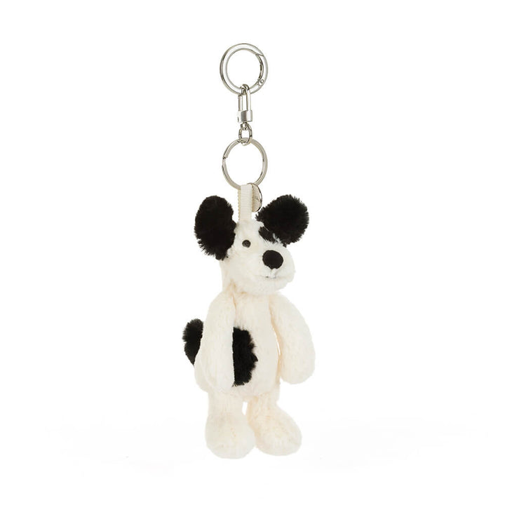 Jellycat Rufferty Puppy Bag Charm -- black and cream Jellycat puppy keychain, gift for dog lovers
