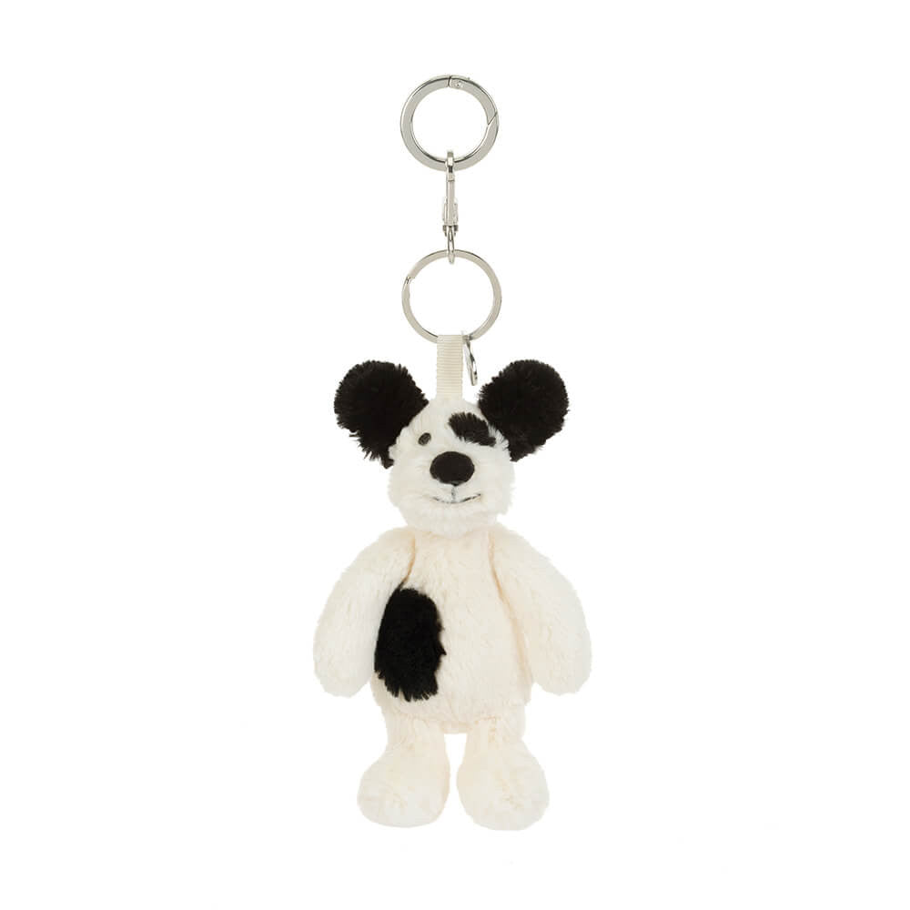 Rufferty Puppy front view -- embroidered face Jellycat bag charm dog, soft stuffed animal keychain