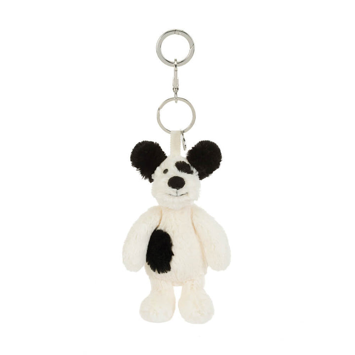 Rufferty Puppy front view -- embroidered face Jellycat bag charm dog, soft stuffed animal keychain
