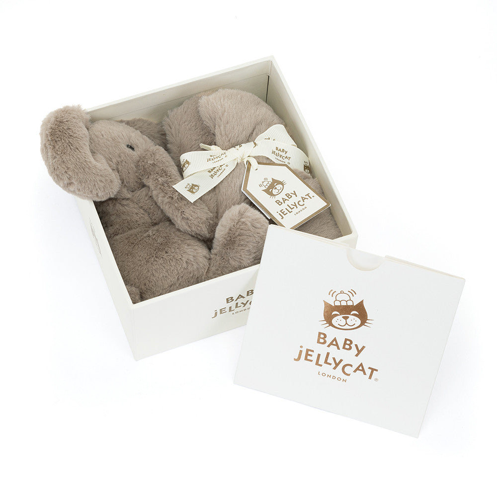 Jellycat Smudge Elephant Soother in gift box -- taupe elephant baby lovey blanket, ready-to-give baby shower gift