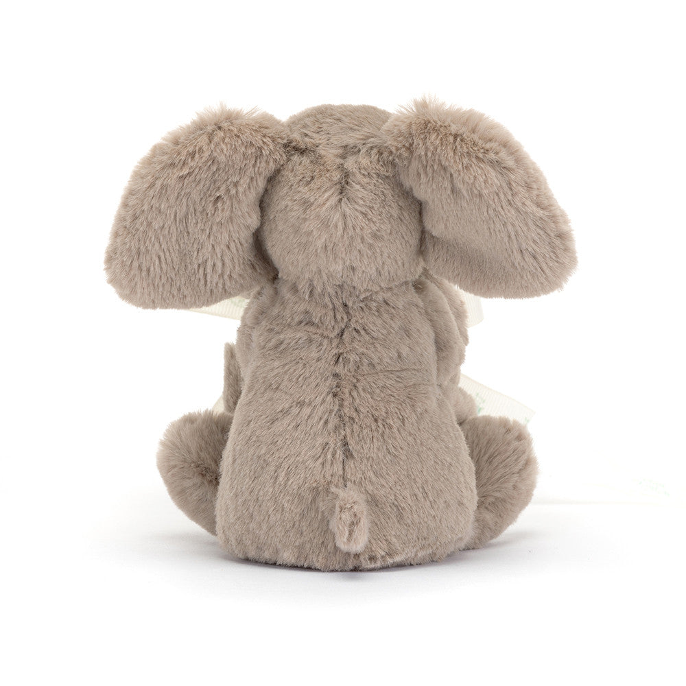 Back view of Jellycat Smudge Elephant Soother -- floppy ears on plush elephant security blanket