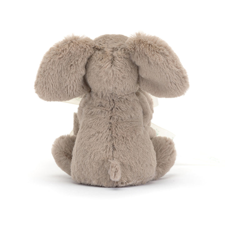 Back view of Jellycat Smudge Elephant Soother -- floppy ears on plush elephant security blanket
