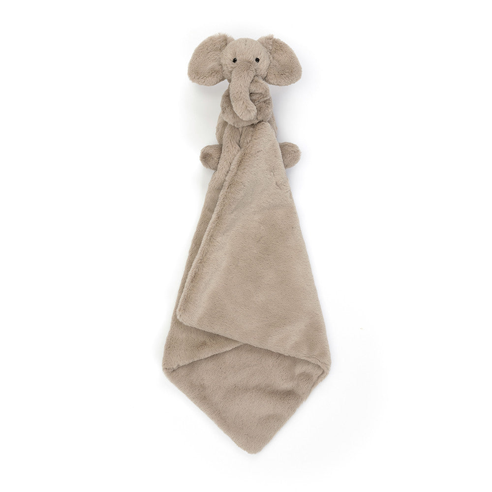 Jellycat Smudge Elephant Soother held up by the head -- full square blankie, baby lovey for naptime