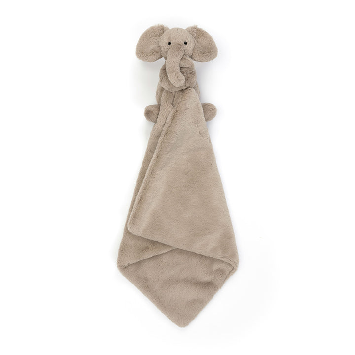 Jellycat Smudge Elephant Soother held up by the head -- full square blankie, baby lovey for naptime