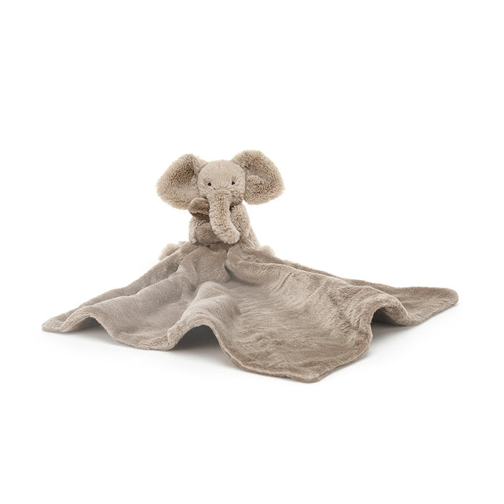 Smudge Elephant Soother laid flat -- Jellycat taupe elephant comforter blanket, 13.4in baby shower gift