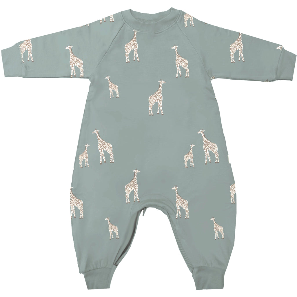 Gunamuna Fleece Jumpsuit in Giraffe Moss, baby onesies made from soft, breathable fabric.