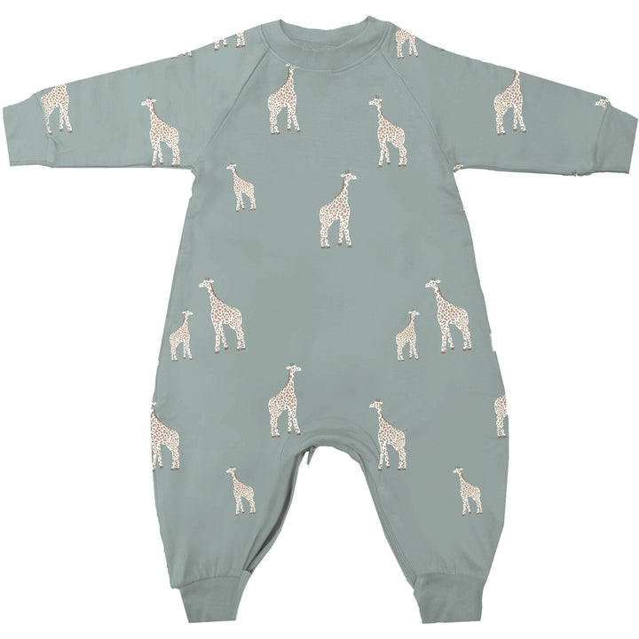 Gunamuna Fleece Jumpsuit in Giraffe Moss, baby onesies made from soft, breathable fabric.