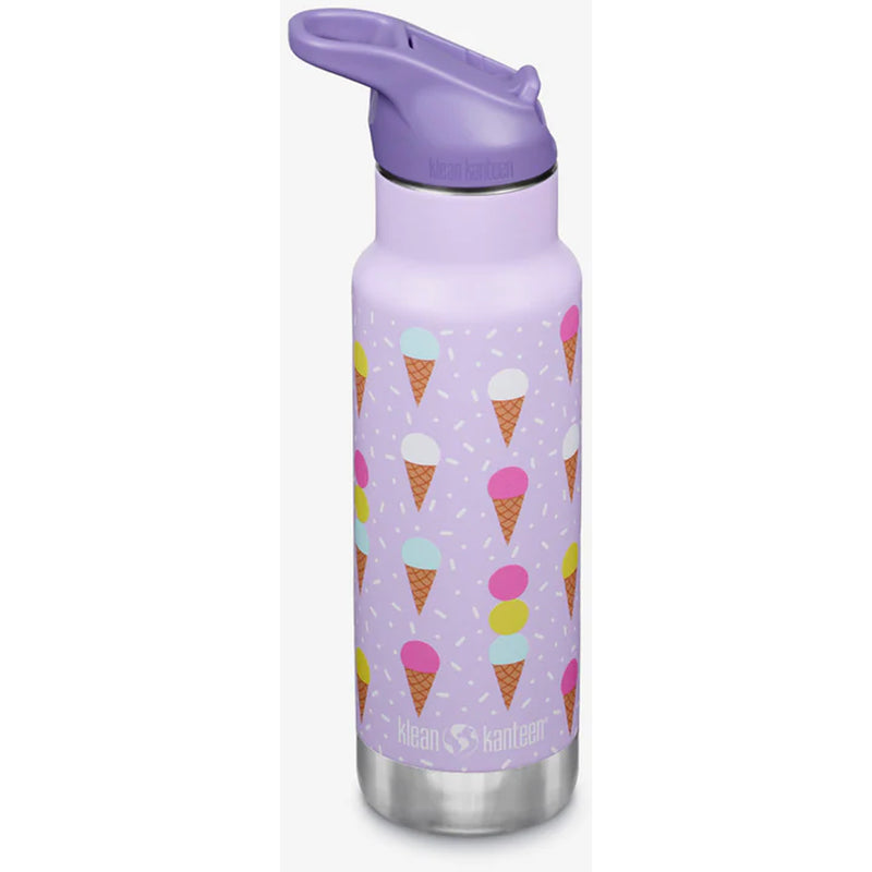Close-up of Klean Kanteen 12oz purple ice cream toddler water bottle featuring flip cap and slim design