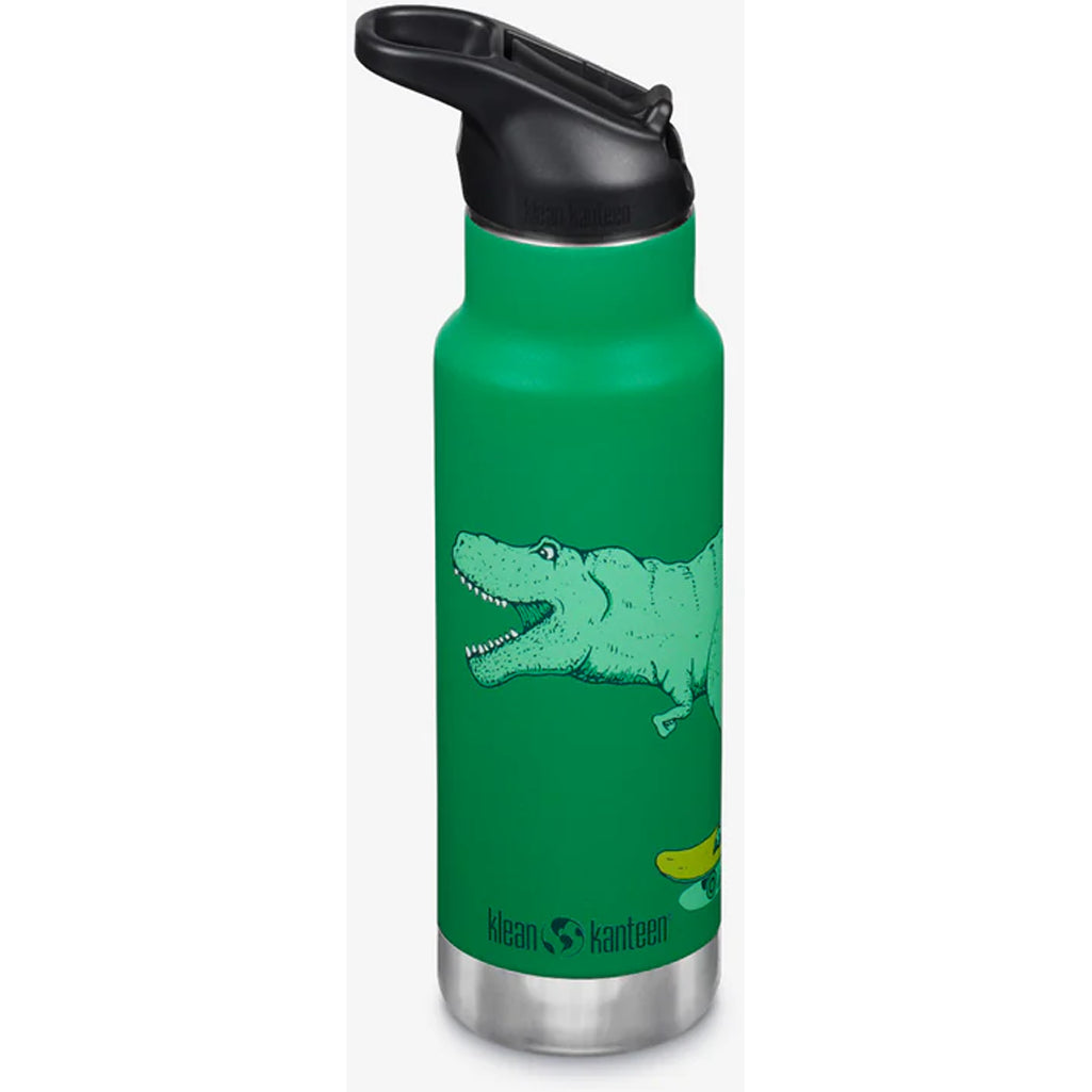 Side view of Klean Kanteen 12oz sports cap kids water bottle in green dino skate showing stainless steel durability
