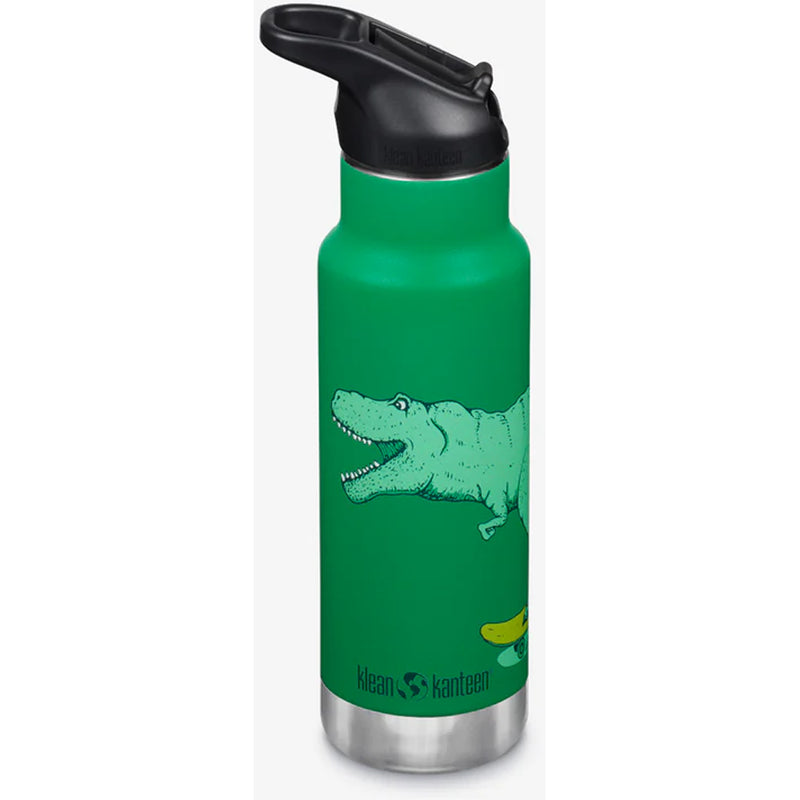 Side view of Klean Kanteen 12oz sports cap kids water bottle in green dino skate showing stainless steel durability