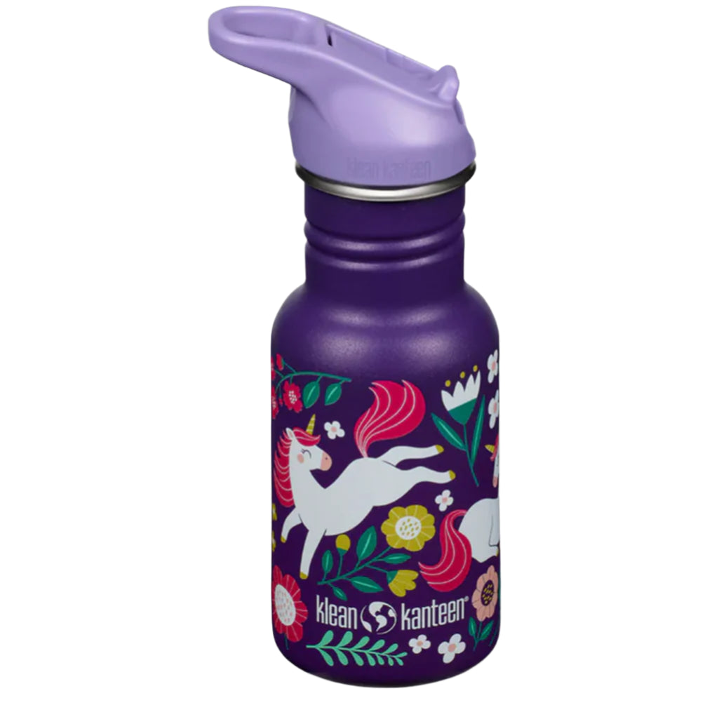 The Leaping Unicorn Purple bottle features a flip cap, non toxic stainless steel, and dishwasher-safe design for active kids.