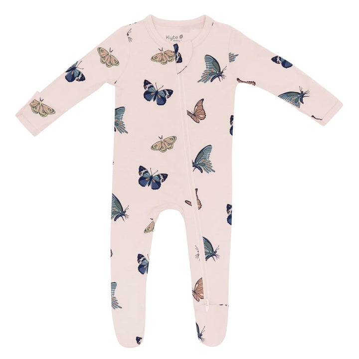 Kyte Baby Zippered Footie in Blush Butterfly, gentle baby bamboo pajamas with a soft floral print and zip closure