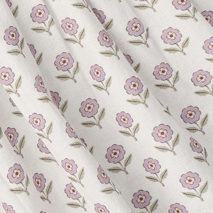 MakeMake Organics Lavender print fabric detail - soft organic cotton for tie up top and shorts set